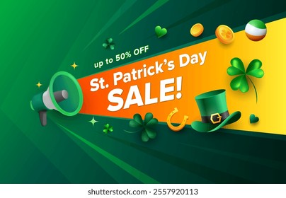 St Patrick’s Day megaphone sale background design. Leprechaun hat, shamrock, pot of gold coins, horseshoe on gradient green background. Vector illustration for promotion. 