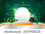 St Patrick’s Day podium background design with green hat, horseshoe, pot of money, gold coins and shamrock leaves. Vector illustration for sales promotion template. 