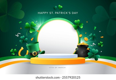 St Patrick’s Day podium background design with green hat, horseshoe, pot of money, gold coins and shamrock leaves. Vector illustration for sales promotion template. 