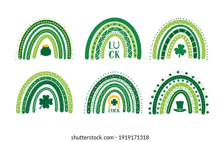 St. Patrick’s day rainbow. Set of 6 hand drawn cute boho rainbow.  Saint Patricks day clipart. Vector template for banner, poster, greeting card, flyer, postcard, sticker, clothes, etc.