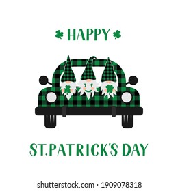 St. Patrick’s day retro truck with cute cartoon gnomes. Saint Patricks day greeting card. Green buffalo plaid pickup. Vector template for banner, poster, flyer, postcard, etc.