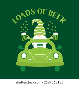 St. Patrick’s day retro truck with cute cartoon gnome. Loads of beer lettering. Saint Patricks day greeting card. Vector template for banner, poster, flyer, postcard, etc