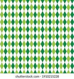 St. Patrick’s day rhombus seamless pattern. Green white checkered background.  Saint Patricks backdrop. Vector template for fabric, textile, wallpaper, wrapping paper, etc. 
