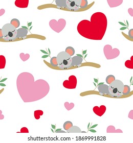 St Valentine’s Day. Seamless pattern. Baby koala sleeping on eucalyptus tree. Funny and cute. Red, pink hearts. White background. Post cards, wallpaper, textile, wrapping paper. Love and romance