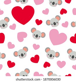 St Valentine’s Day. Seamless pattern. Baby koala head smiling. Cartoon style. Funny and cute. Red, pink hearts. White background. Post cards, wallpaper, textile, wrapping paper. Love and romance