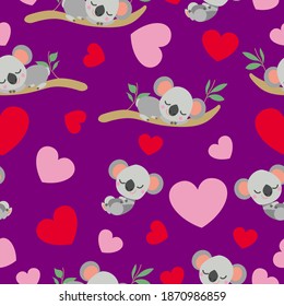 St Valentine’s Day. Seamless pattern. Baby koala sleeping on eucalyptus tree. Funny and cute. Red, pink hearts. Purple background. Post cards, wallpaper, textile, wrapping paper. Love and romance