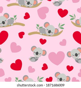 St Valentine’s Day. Seamless pattern. Baby koala sleeping on eucalyptus tree. Funny and cute. Red, pink hearts. Pink background. Post cards, wallpaper, textile, wrapping paper. Love and romance