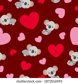 St Valentine’s Day. Seamless pattern. Baby koala lying and smiling. Cartoon style. Funny and cute. Red, pink hearts. Maroon background. Post cards, wallpaper, textile, wrapping paper. Love and romance