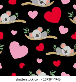 St Valentine’s Day. Seamless pattern. Baby koala sleeping on eucalyptus tree. Funny and cute. Red, pink hearts. Black background. Post cards, wallpaper, textile, wrapping paper. Love and romance