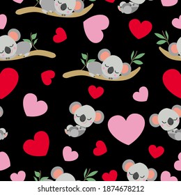 St Valentine’s Day. Seamless pattern. Baby koala sleeping on eucalyptus tree. Funny and cute. Red, pink hearts. Black background. Post cards, wallpaper, textile, wrapping paper. Love and romance