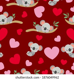 St Valentine’s Day. Seamless pattern. Baby koala sleeping on eucalyptus tree. Funny and cute. Red, pink hearts. Maroon background. Post cards, wallpaper, textile, wrapping paper. Love and romance