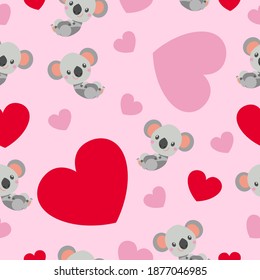 St Valentine’s Day. Seamless pattern. Baby koala lying and smiling. Cartoon style. Funny and cute. Red, pink hearts. Pink background. Post cards, wallpaper, textile, wrapping paper. Love and romance
