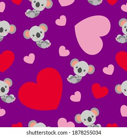 St Valentine’s Day. Seamless pattern. Baby koala lying and smiling. Cartoon style. Funny and cute. Red, pink hearts. Violet background. Post cards, wallpaper, textile, wrapping paper. Love and romance