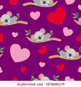St Valentine’s Day. Seamless pattern. Baby koala sleeping on eucalyptus tree. Funny and cute. Red, pink hearts. Purple background. Post cards, wallpaper, textile, wrapping paper. Love and romance