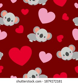 St Valentine’s Day. Seamless pattern. Baby koala lying and smiling. Cartoon style. Funny and cute. Red, pink hearts. Maroon background. Post cards, wallpaper, textile, wrapping paper. Love and romance