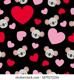 St Valentine’s Day. Seamless pattern. Baby koala head smiling. Cartoon style. Funny and cute. Red, pink hearts. Black background. Post cards, wallpaper, textile, wrapping paper. Love and romance
