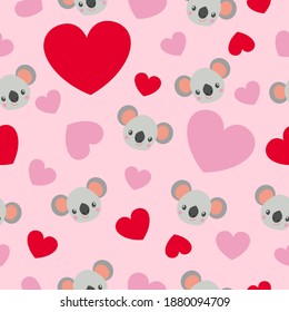 St Valentine’s Day. Seamless pattern. Baby koala head smiling. Cartoon style. Funny and cute. Red, pink hearts. Pink background. Post cards, wallpaper, textile, wrapping paper. Love and romance