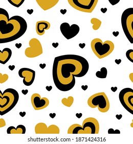 Valentinstag. Nahtloses Muster mit schwarz-gelben Herzen. Weißer Hintergrund. Dekorative Ornamente. Liebe und Romantik. Muster für Postkarten, Tapeten, Textilien, Scrapbooking und Verpackungspapier