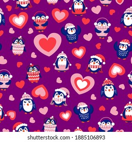 St Valentine’s day. Seamless pattern with blue baby penguins wearing pink, red and white sweaters, hats and scarfs. Purple background. Cute and funny. Wallpaper, textile, scrapbooking, wrapping paper