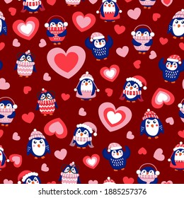 St Valentine’s day. Seamless pattern with blue baby penguins wearing pink, red and white sweaters, hats and scarfs. Maroon background. Cute and funny. Wallpaper, textile, scrapbooking, wrapping paper