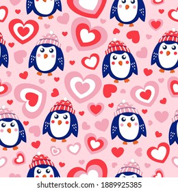 St Valentine’s Day. Seamless pattern blue baby penguins wearing pink, red and white hats. Love and romance. Pink background. Shape of heart. Wallpaper, textile, scrapbooking and wrapping paper