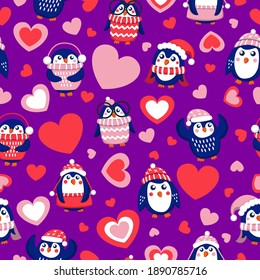 St Valentine’s day. Seamless pattern with blue baby penguins wearing pink, red and white sweaters, hats and scarfs. Purple background. Cute and funny. Wallpaper, textile, scrapbooking, wrapping paper