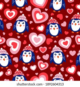 St Valentine’s Day. Seamless pattern blue baby penguins wearing pink, red and white hats. Love and romance. Maroon background. Shape of heart. Wallpaper, textile, scrapbooking and wrapping paper