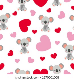 St Valentine’s Day. Seamless pattern. Cartoon baby koala sitting and smiling. Funny and cute. Red, pink hearts. White background. Post cards, wallpaper, textile, wrapping paper. Love and romance