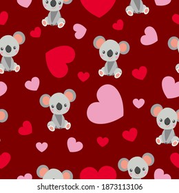 St Valentine’s Day. Seamless pattern. Cartoon baby koala sitting and smiling. Funny and cute. Red, pink hearts. Maroon background. Post cards, wallpaper, textile, wrapping paper. Love and romance