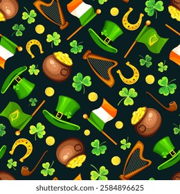 St. Patrick’s Day seamless pattern with green shamrock leaves, leprechaun hats, pots, gold coins, Irish flags, harps, horseshoes on a black background. Vector print. Hand-drawn illustration, not AI