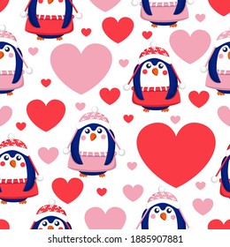 St Valentine’s Day. Seamless pattern with hearts and blue baby penguins wearing pink, red and white sweaters, hats and skirts. White background. Wallpaper, textile, scrapbooking and wrapping paper