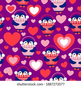 St Valentine’s Day. Seamless pattern with hearts and blue baby penguins wearing pink, red and white sweaters, hats and headphones. Purple background. Wallpaper, textile, scrapbooking, wrapping paper