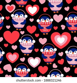 St Valentine’s Day. Seamless pattern with hearts and blue baby penguins wearing pink, red and white sweaters, hats and headphones. Black background. Wallpaper, textile, scrapbooking, wrapping paper