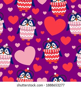 St Valentine’s Day. Seamless pattern with hearts and blue baby penguins in pink, red, white hats and sweaters. Child in glasses. Purpe background. Wallpaper, textile, scrapbooking and wrapping paper