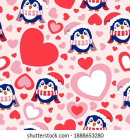 St Valentine’s Day. Seamless pattern with hearts and blue baby penguins wearing pink, red and white hats and scarfs. Pink background. Post card, wallpaper, textile, scrapbooking and wrapping paper