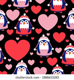 St Valentine’s Day. Seamless pattern with hearts and blue baby penguins wearing pink, red and white sweaters, hats and skirts. Black background. Wallpaper, textile, scrapbooking and wrapping paper