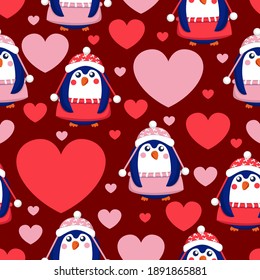 St Valentine’s Day. Seamless pattern with hearts and blue baby penguins wearing pink, red and white sweaters, hats and skirts. Maroon background. Wallpaper, textile, scrapbooking and wrapping paper