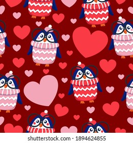 St Valentine’s Day. Seamless pattern with hearts and blue baby penguins in pink, red, white hats and sweaters. Child in glasses. Maroon background. Wallpaper, textile, scrapbooking and wrapping paper