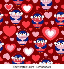 St Valentine’s Day. Seamless pattern with hearts and blue baby penguins wearing pink, red and white sweaters, hats and headphones. Maroon background. Wallpaper, textile, scrapbooking, wrapping paper