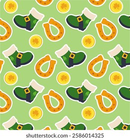 St. Patrick’s Day Seamless Pattern with Leprechaun Boots, Gold Coins, and Horseshoes.