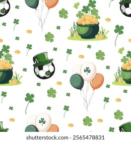 St. Patrick’s Day Seamless Pattern with Shamrocks and Gold Coins. Festive Irish-Themed Pattern with Balloons and Pots of Gold. Green Clover and Soccer Ball St. Patrick's Day Design