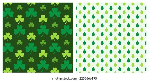 St. Patrick’s Day set of two seamless decorative pattern of clover leaves and green raindrops. Hand drawn design for St. Paddy's day celebration, party decoration, wallpaper, scrapbooking, textile. 