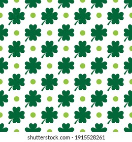 St. Patrick’s day shamrock seamless pattern. Saint Patricks backdrop. Green white clover leaves background.  Vector template for fabric, textile, wallpaper, wrapping paper, etc. 