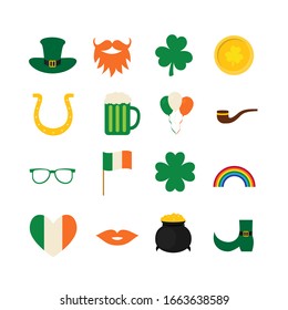 St. Patrick’s day symbol icons and photo booth props set: green hat, shamrock, treasure of leprechaun, mustache, beard, pipe, etc. Vector element of design for greeting card, banner, poster, sticker. 