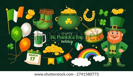 St. Patrick’s Day Symbols Set with Leprechaun, Pot of Gold, Shamrock, Rainbow, Beer Mug, Horseshoe and Irish Flag, Cute Cartoon Holiday Elements Collection for Banner, Poster, Invitation and Festive Design.