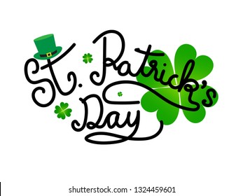 St. Patrick’s Day Text Typographic with Green Shamrocks and Hat Vector illustration