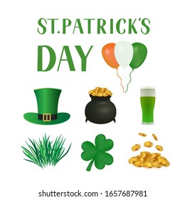 Símbolos tradicionales del día de San Patricio: Sombrero de Leprechaun, hoja de shamrock, maceta de tesoro, monedas de oro, vaso de cerveza. Elementos vectores para la tarjeta de felicitación del día de Saint Patricks, banner, afiche, volante, etc.