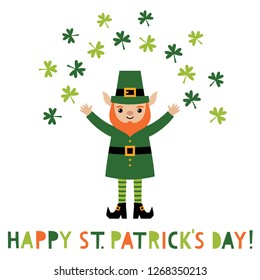 St. Patrick’s Day vector greeting card with a happy leprechaun