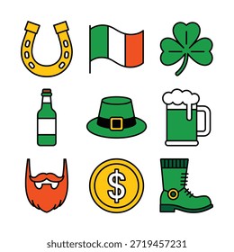 Conjunto de iconos vectoriales del día de San Patricio, Elementos de diseño de festival irlandés dibujados a mano