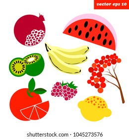 St of different simple fruits on white background. Pomegranate, watermelon, kiwi, banana, mandarine, raspberry, lemon, rowan. Can be used as stickers, tags, lables for decor and your designs.
